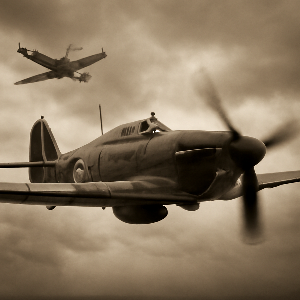 Hawker Hurricane fighter aircraft in flight during Battle of Britain, World War II era.