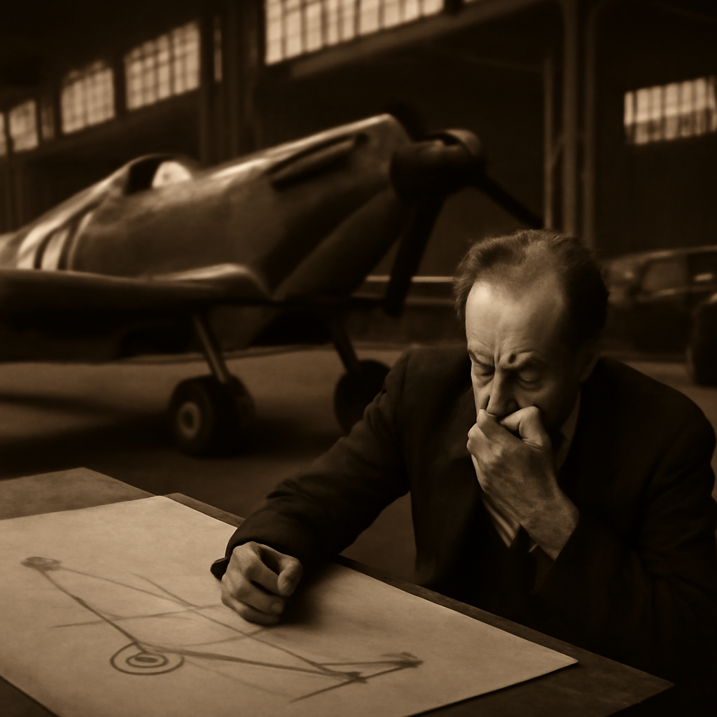 R.J. Mitchell examining Supermarine S.6B seaplane design during illness, 1931