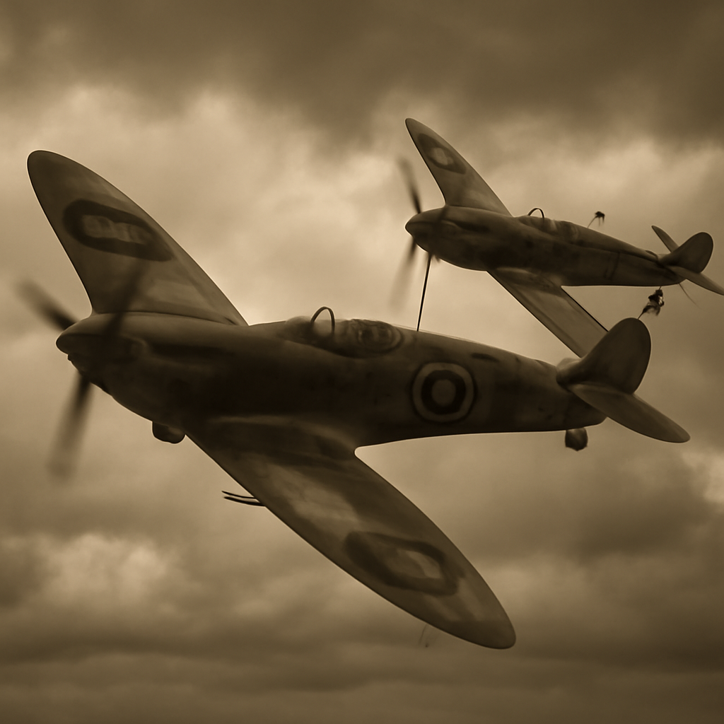 Spitfire and Messerschmitt Bf 109 fighter aircraft in aerial combat during World War II
