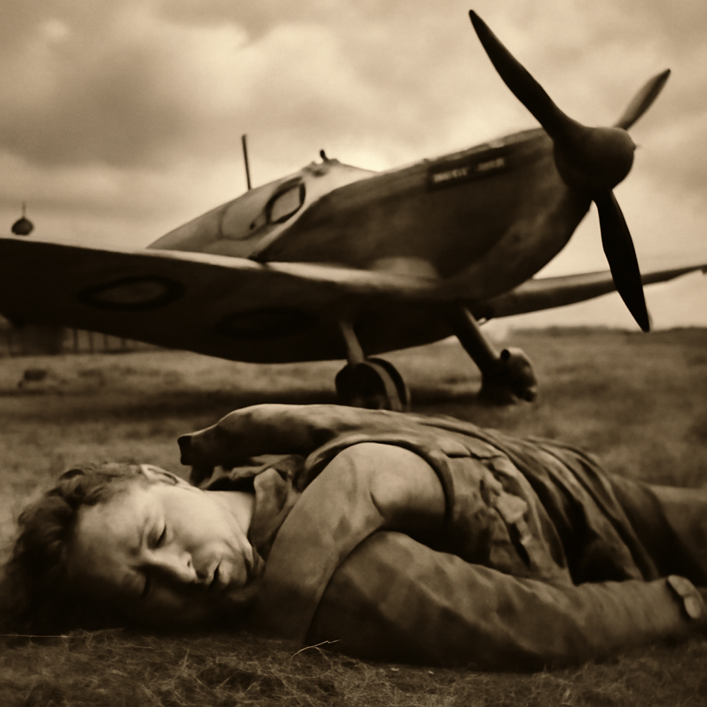 British Spitfire pilot in cockpit wearing flight suit and oxygen mask during World War Two