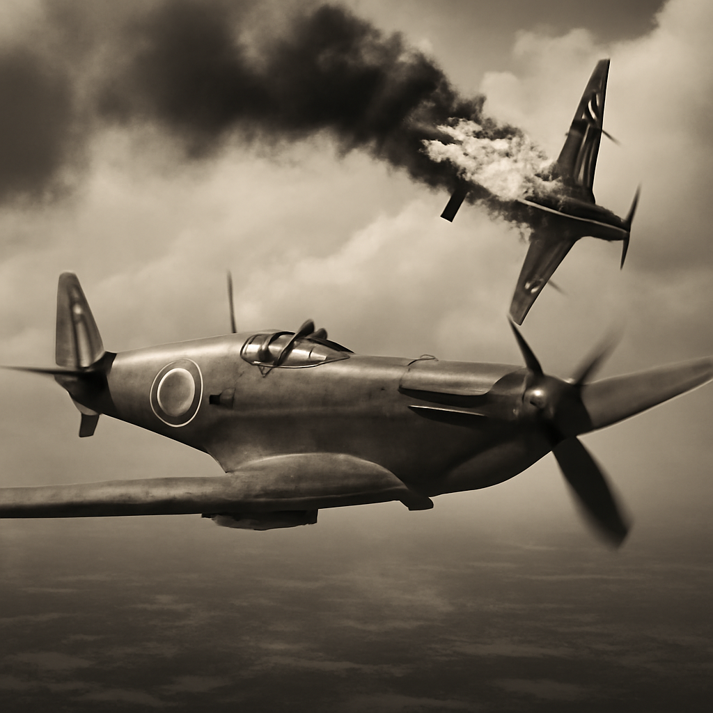 Supermarine Spitfire fighter aircraft in flight during World War II combat operations, 1940s