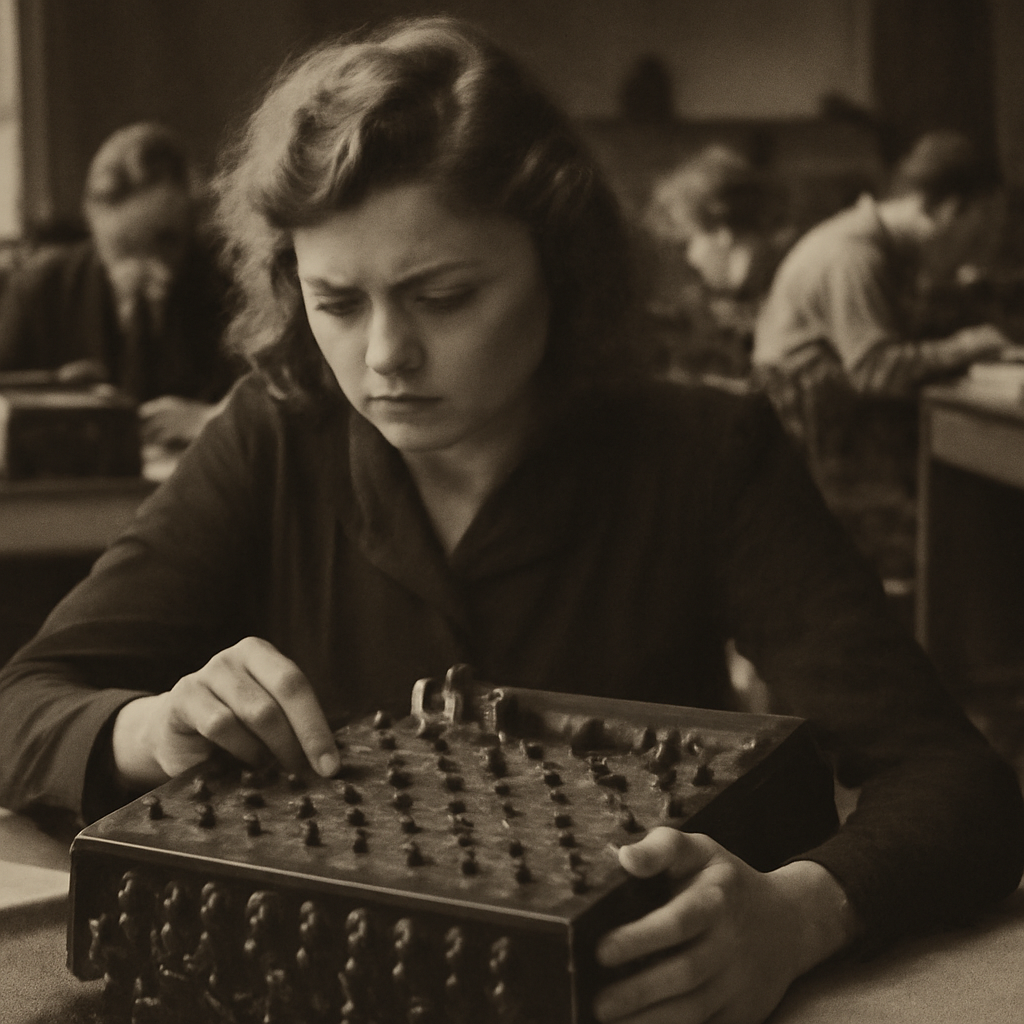 Bletchley Park codebreakers examining Enigma machine intelligence documents during World War II