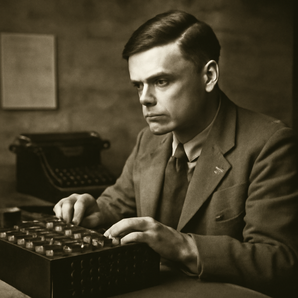 Alan Turing in formal attire during World War II era, pioneering mathematician and codebreaker