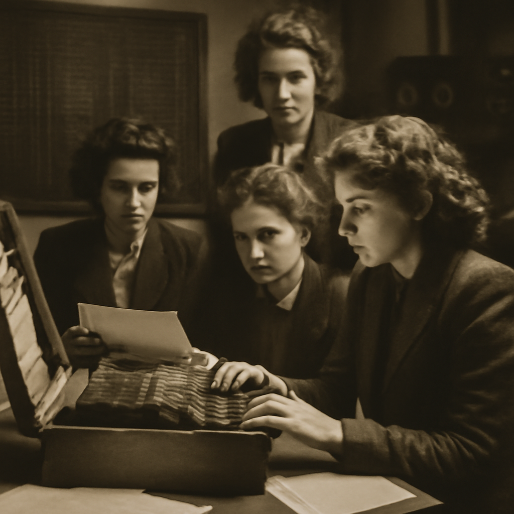 Female codebreakers working at desks with papers and early computing equipment during World War II era.