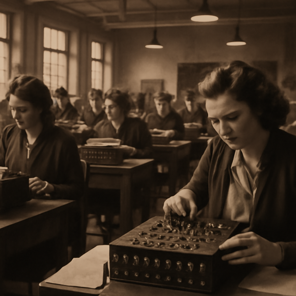 Women typing at desks in a 1940s military office, pioneering data processing methods that revolutionized modern warfare commu