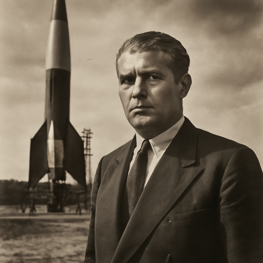 Wernher von Braun in suit and tie at desk with rocket models, 1950s NASA official portrait