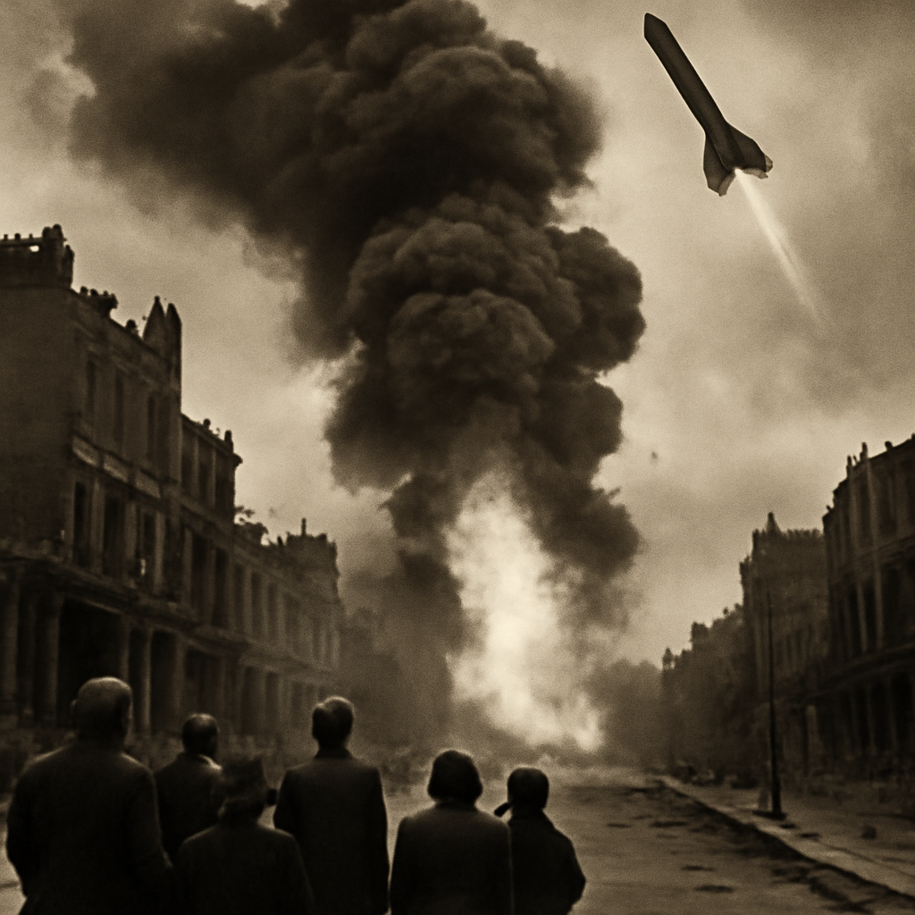 Damage from V-2 rocket strike in London residential area during 1944-1945 bombardment campaign