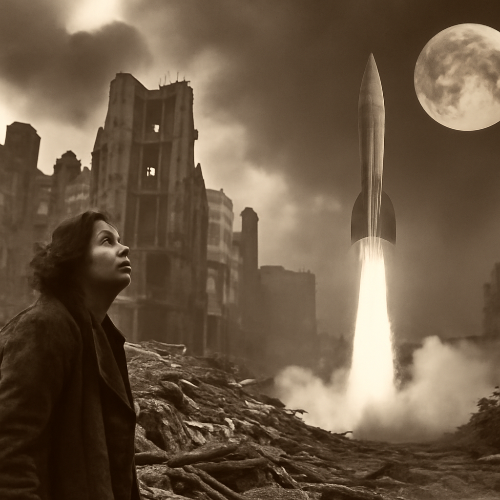 V-2 rocket displayed in London museum showing German wartime missile technology that later enabled Apollo moon missions