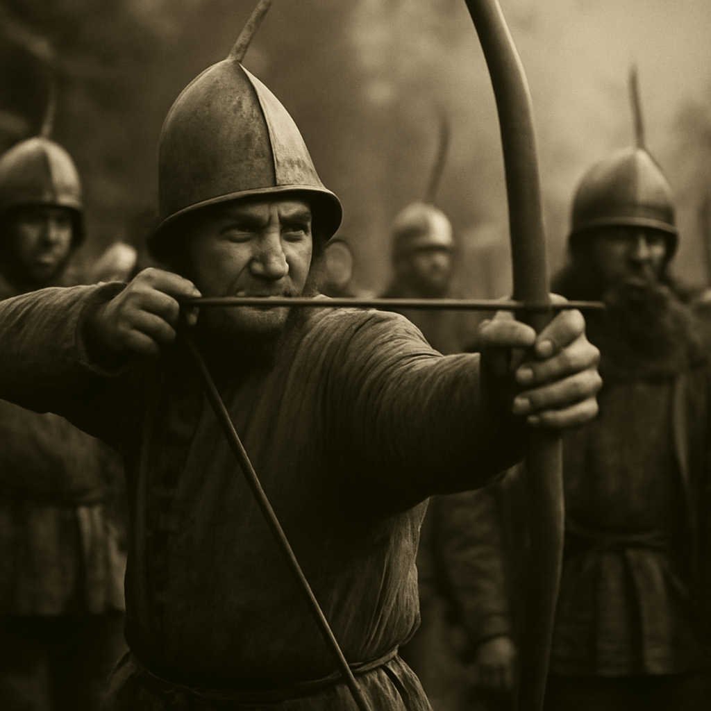 Medieval English longbowmen demonstrating archer technique with traditional wooden bows