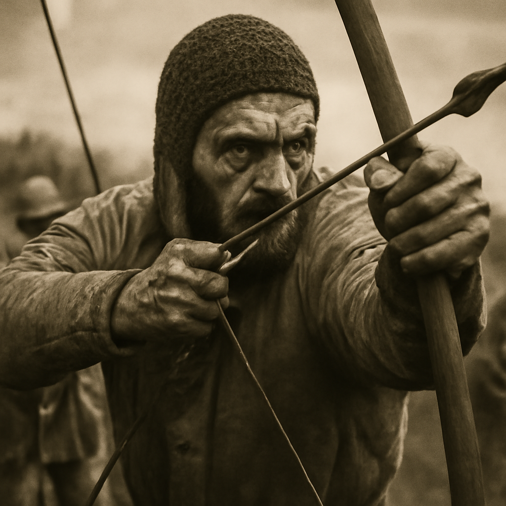 Medieval archer drawing longbow for war, demonstrating the physical strength and training required for deadly accuracy in bat