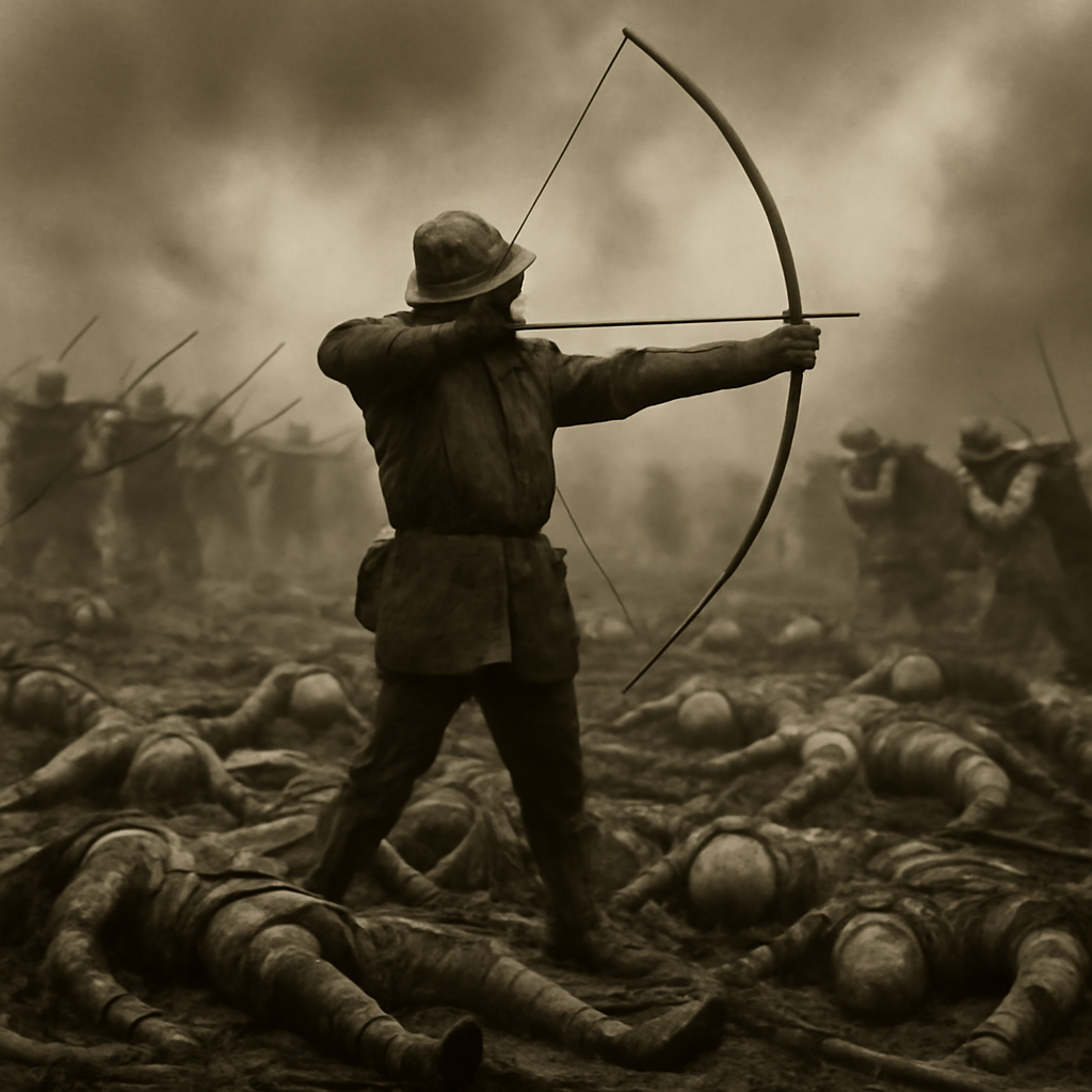 English longbowmen in formation at the Battle of Agincourt 1415, demonstrating medieval archery tactics