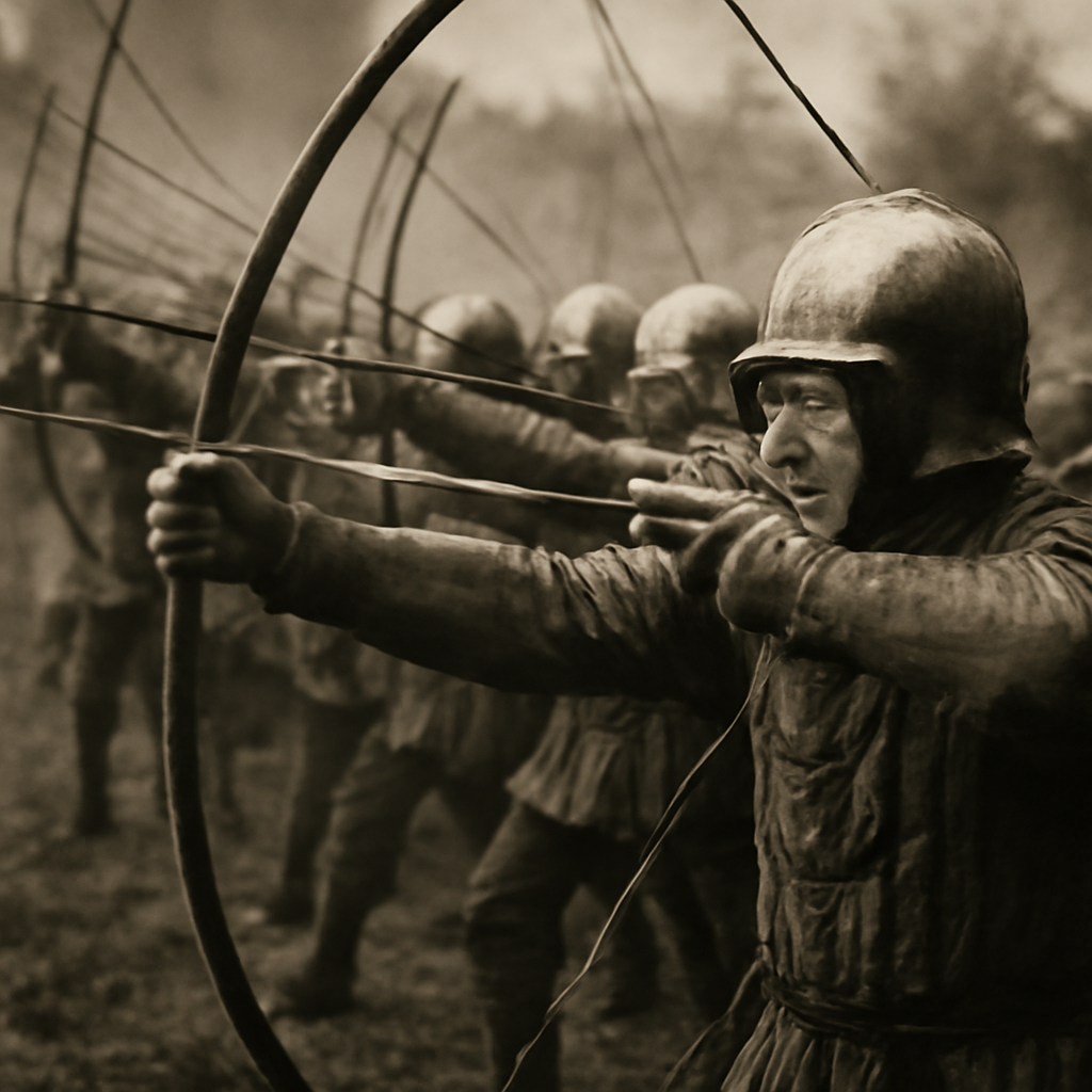 Medieval English archer drawing longbow demonstrating rapid fire technique used in medieval warfare