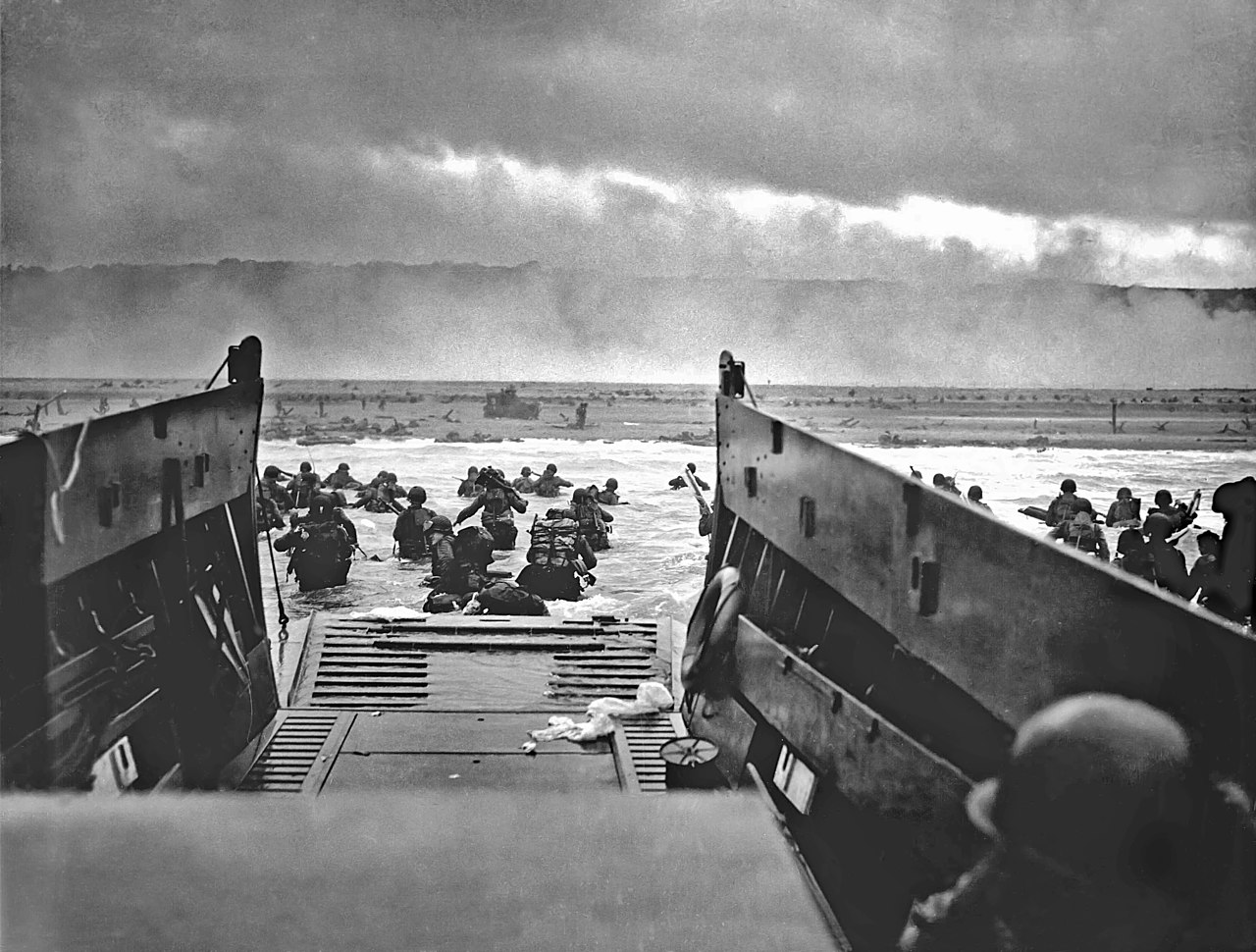 LCVP landing craft disembarking troops during D-Day amphibious assault at Normandy, June 1944