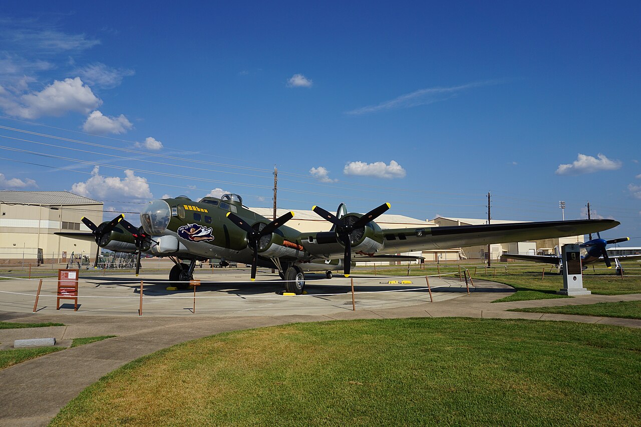 B-17 Flying Fortress bomber aircraft display model representing 1944 World War II operations and strategic bombing missions