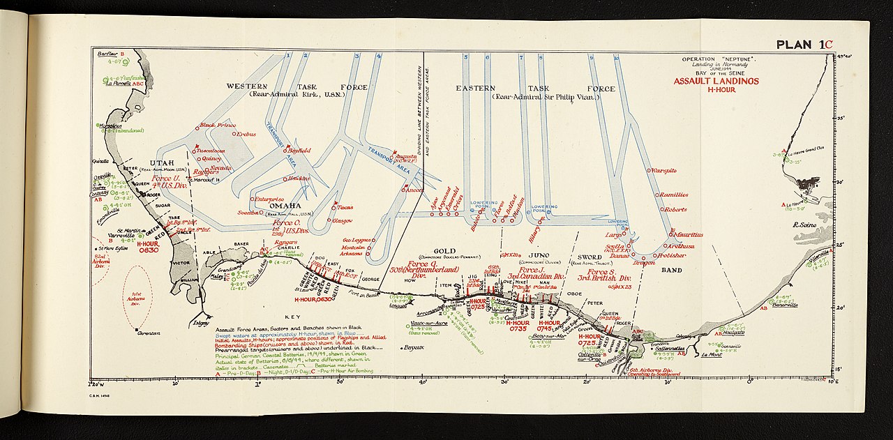 Operation Neptune D-Day invasion planning map showing assault landing zones and strategic positions for the 1944 Normandy inv