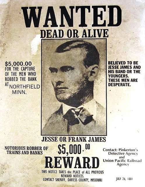 Wanted Jesse James - A wanted poster of a man in a suit and tie