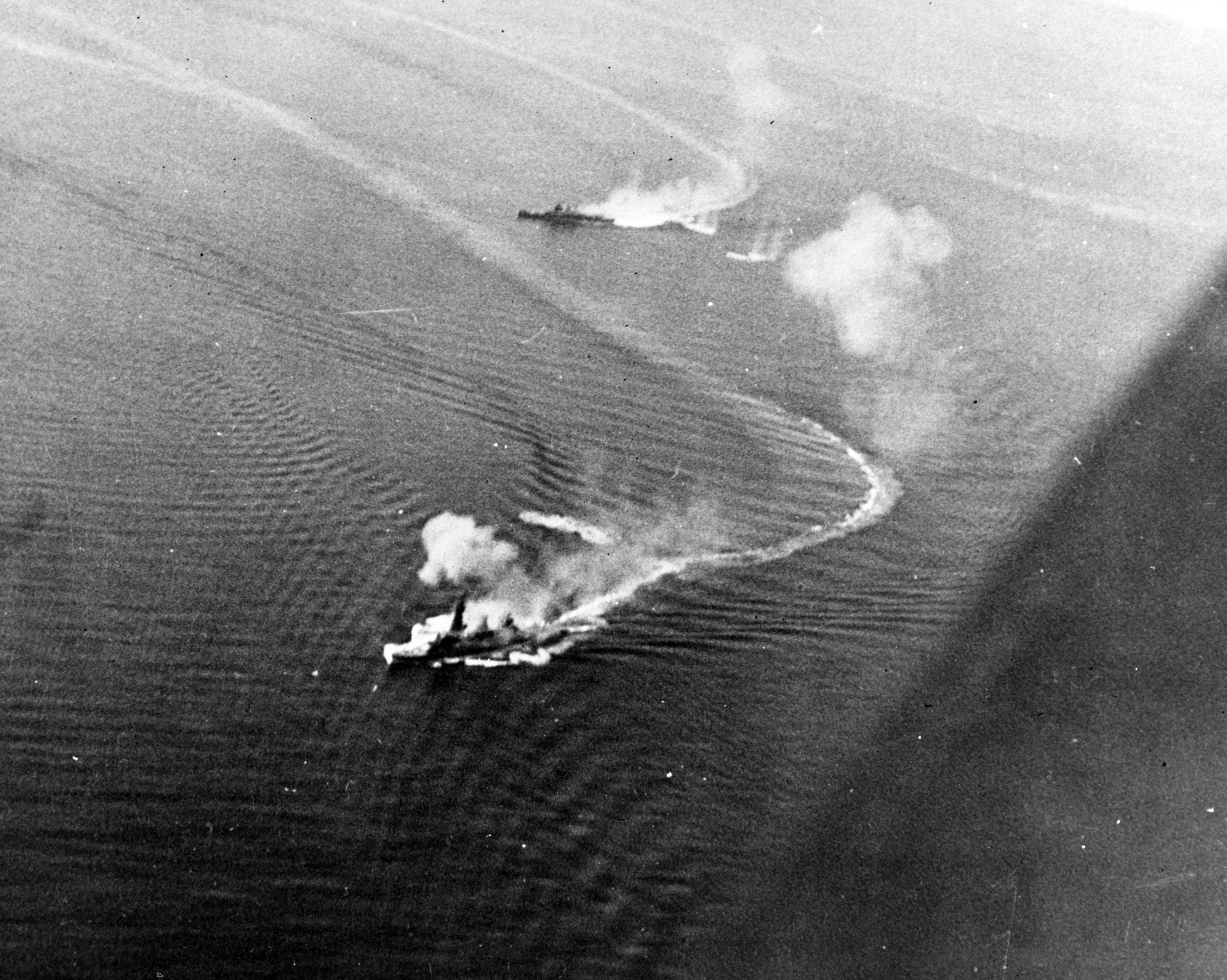 Japanese battleship under air attack at Leyte Gulf