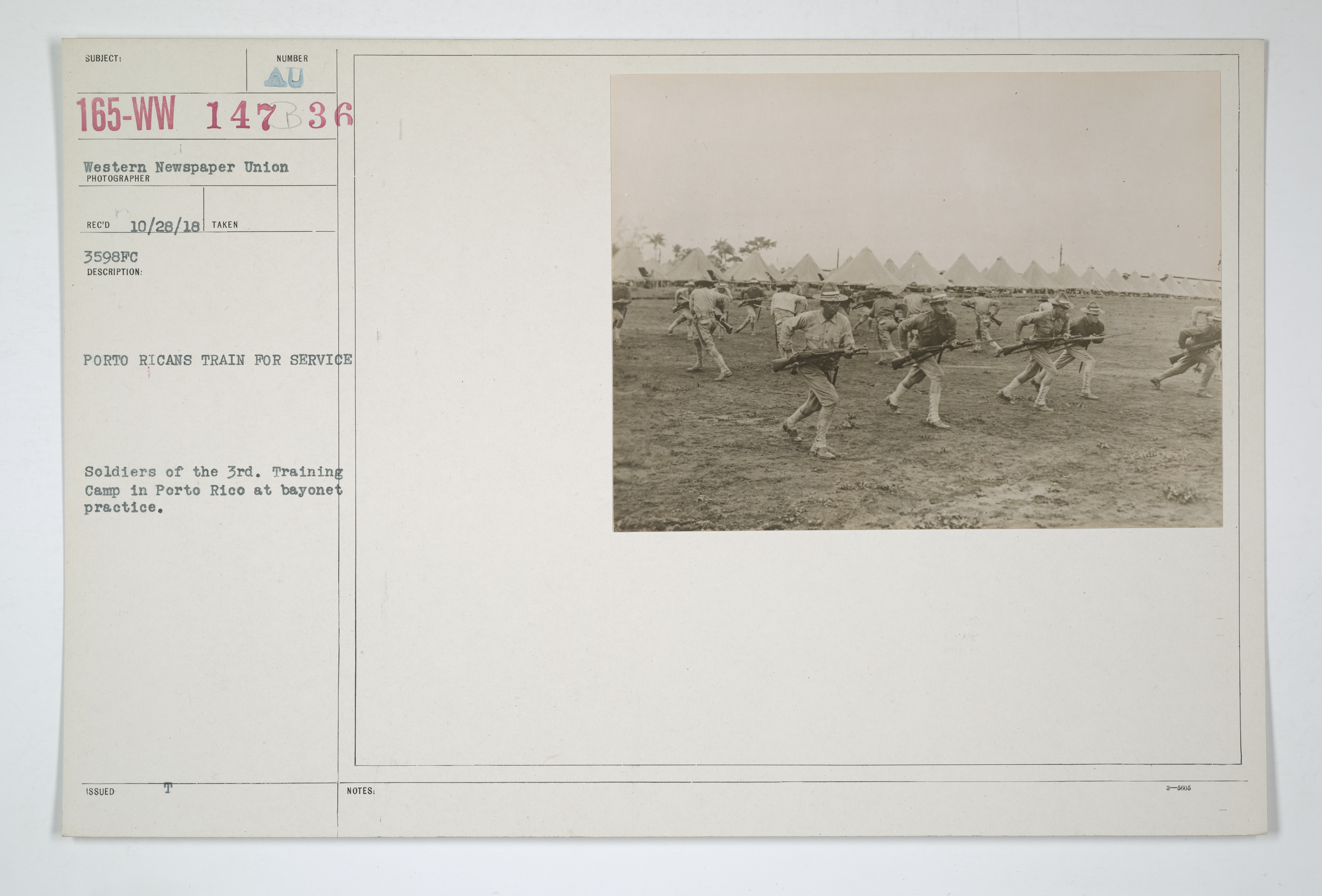 Drills - Infantry - Bayonet - Puerto Ricans train for service. Soldiers of the 3rd Training Camp in Puerto Rico at bayon