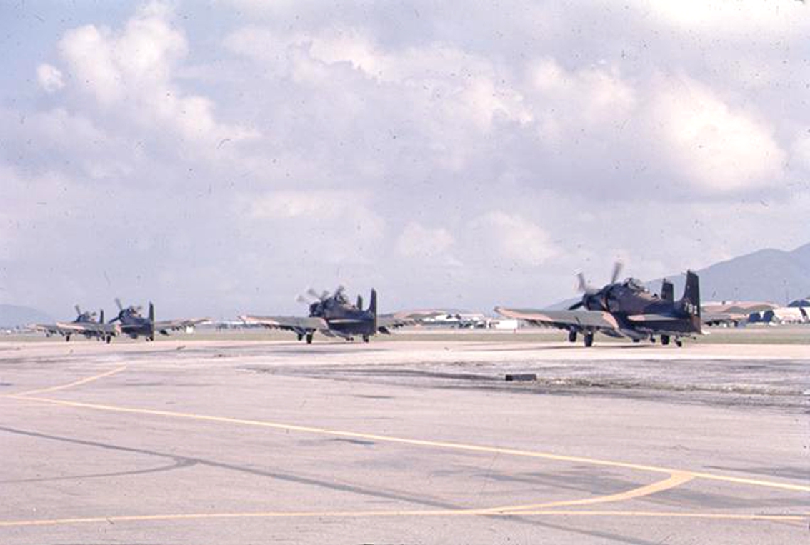 Douglas A-1 Skyraiders of the 1st SOS leaving Da Nang Air Base, Vietnam, on 1 December 1972 (VAS096529).jpg