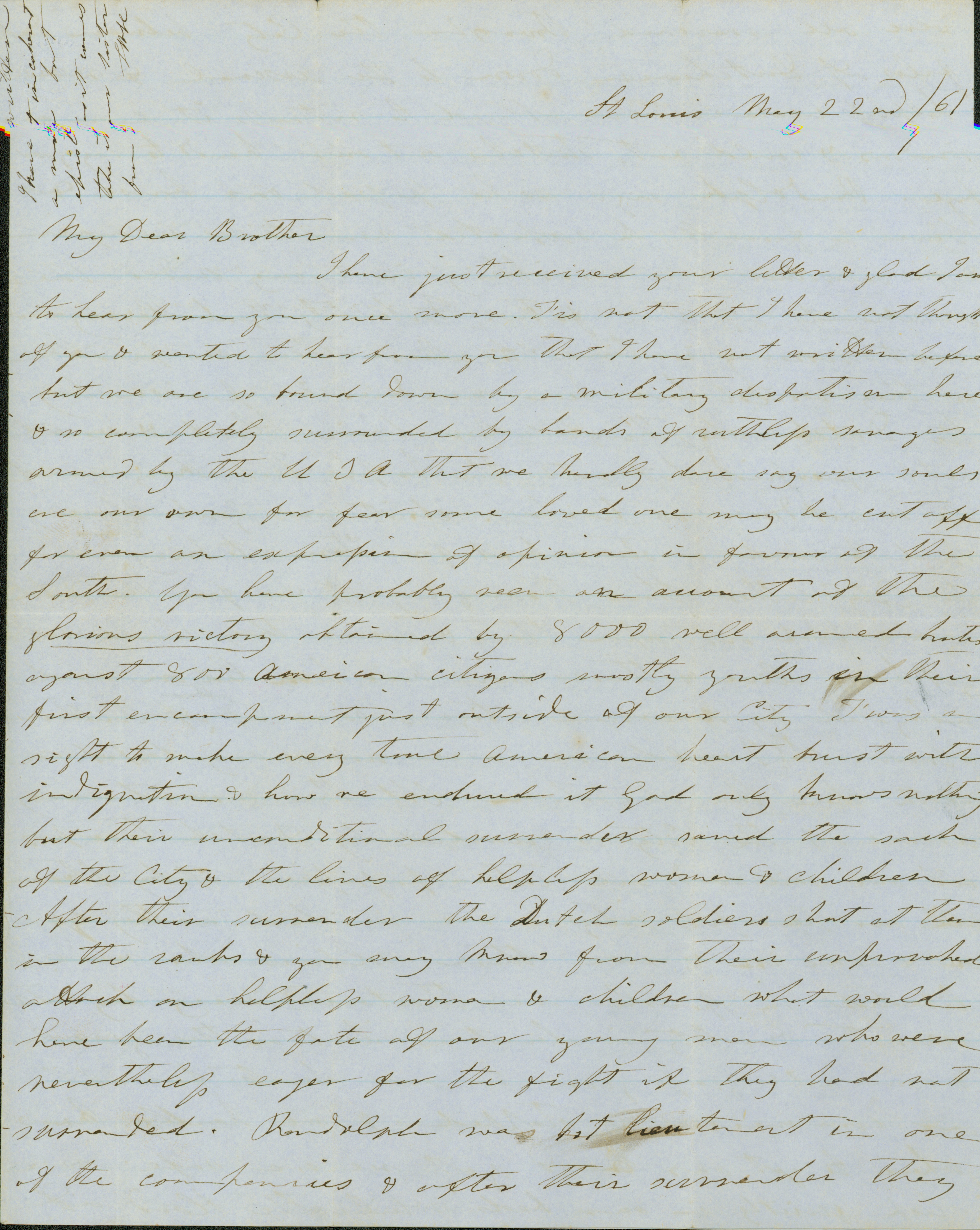 Letter of (Lucy Hutchinson?), St. Louis, to brother (Robert Randolph Hutchinson?), May 22, 1861.jpg