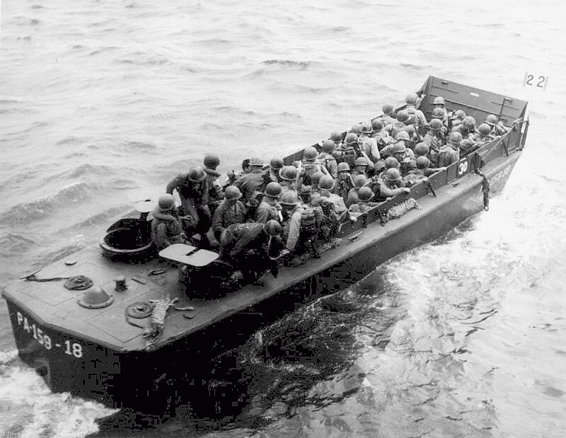 A loaded Higgins boat (LCVP) underway to the beach